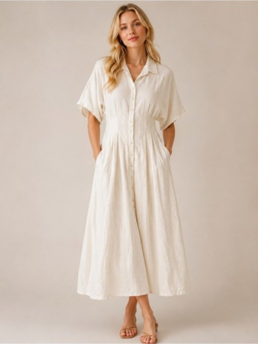 Exquise Anthropologie Tobie Linen Maxi Dress Natural White Pockets Viral M